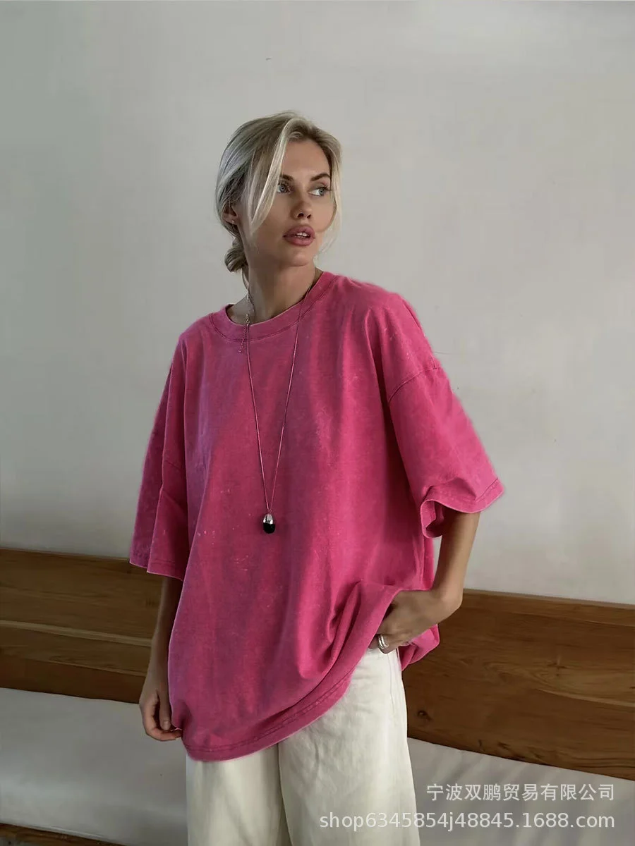 Athvotar Athvotar Simple Wind Loose Water Wash Old Cotton T-Shirt Women Summer Color Loose 260G Cotton Short-Sleeved Top Woman