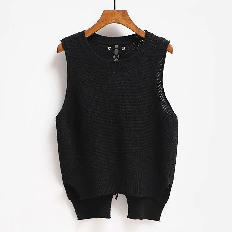 Round Neck Short Front Long Sweater Vest Women College Style Loose Large Size Casual Knitted Sweater Vest Pullover Female Spring