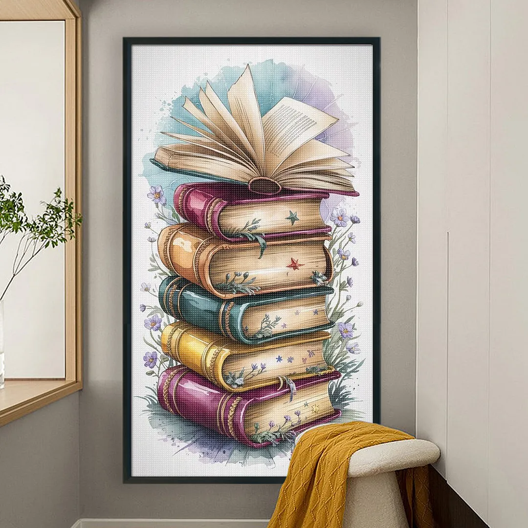 Book Piles Full 11CT DIY Stamped Cross Stitch Kits for Adults Home Decor 40x70cm