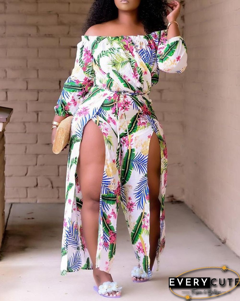 Off Shoulder Tropical Print Slit Jumpsuit