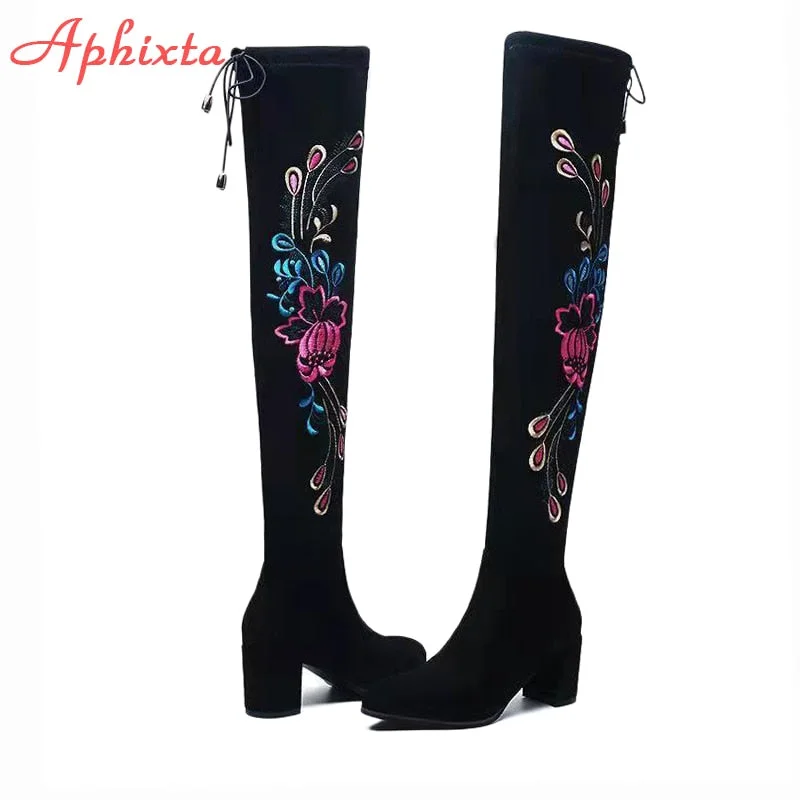 Aphixta 2022 Winter Embroider Flowers Shoes Women's Long Sock Boots Over The Knee Female Lace-up Square Heel Pointed Toe Shoes