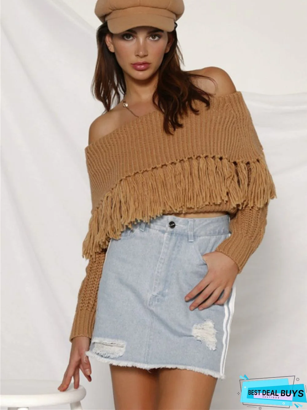 One-Shoulder Tassel Off-The-Shoulder Sexy Long-Sleeved Sweater