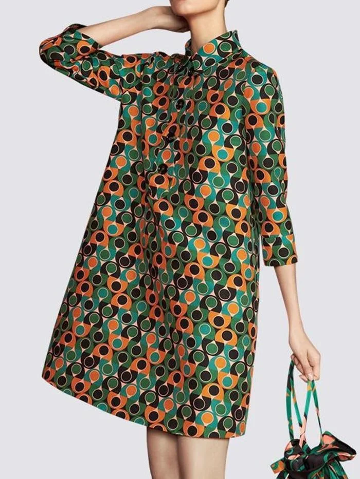 3/4 Sleeve Polo Collar Printed A-line Midi Dress