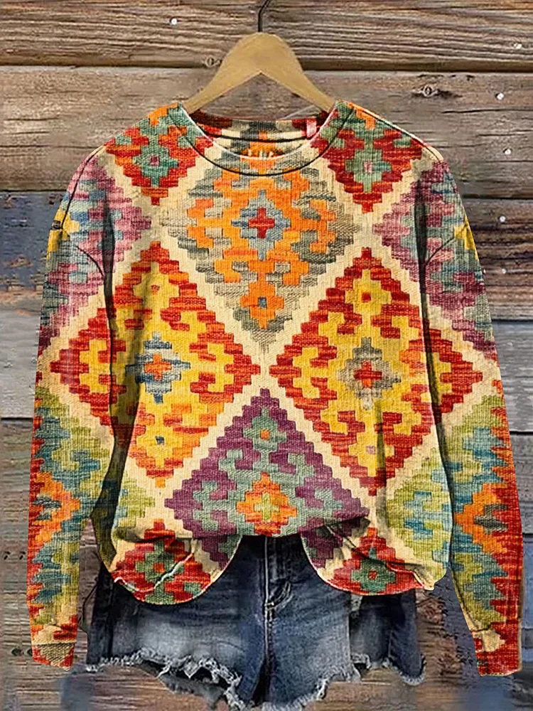 Vintage Aztec Art Print Casual Cotton Sweatshirt