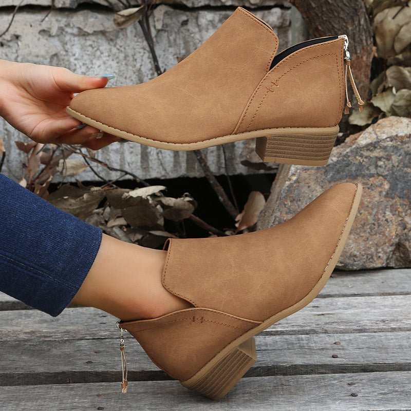 British Style Round Toe Comfortable Zip Low Heel Booties