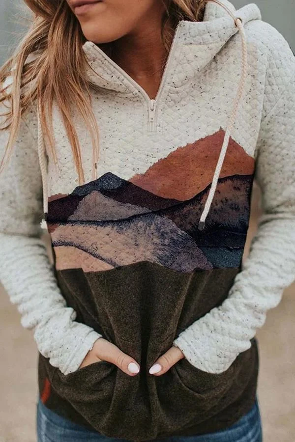 Womens Geometric PrintLong Sleeve Hooded Top-Allyzone-Allyzone