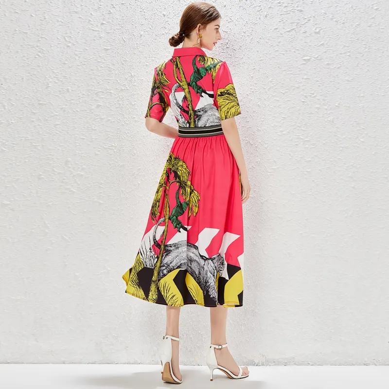 Uveng Fashion Summer 2022 Women Turn Down Neck Short Sleeve Animal Print Belt Party Dress Female Vestidos Robe Femme