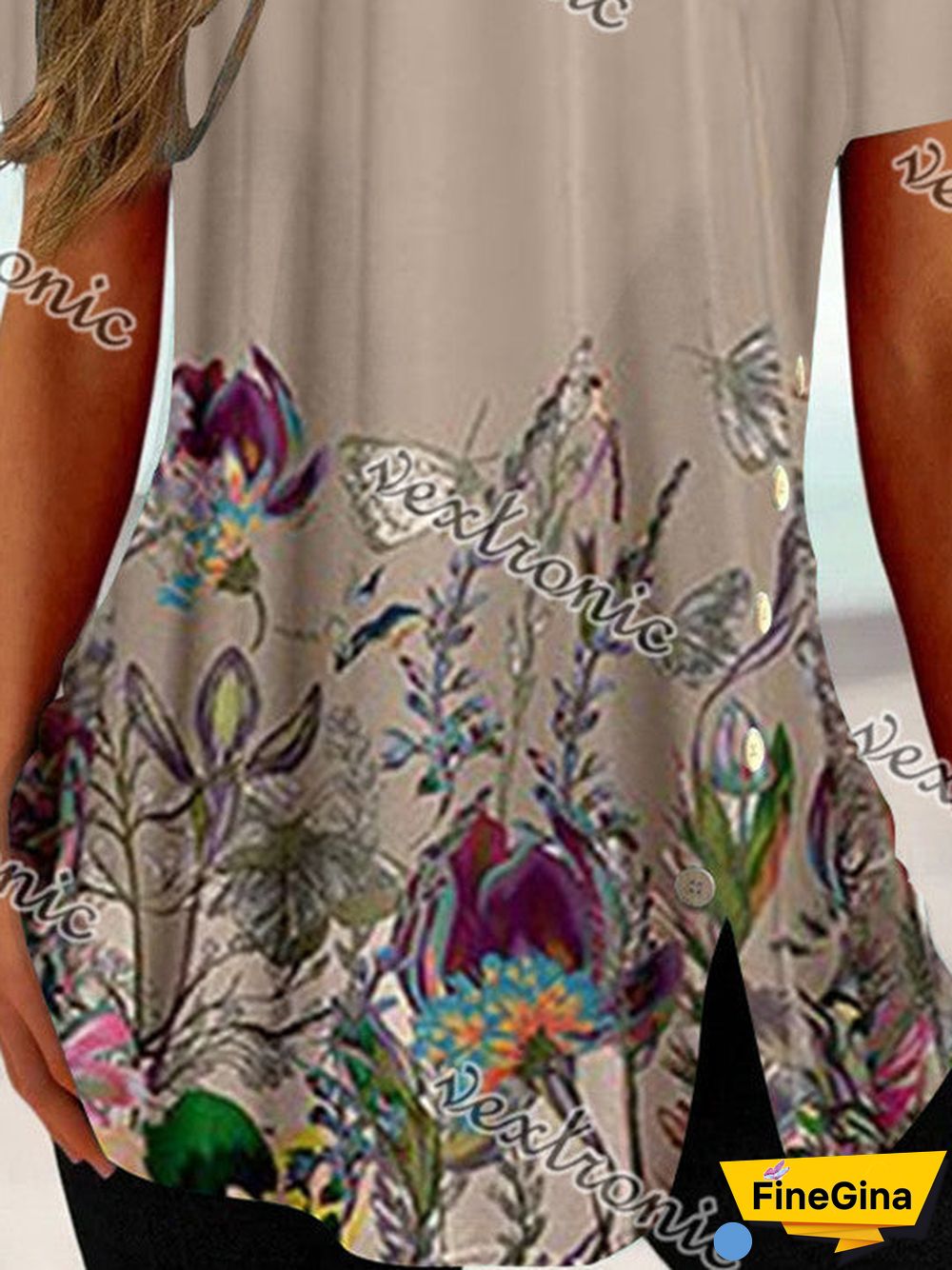 Women's Short Sleeve U-neck Floral Printed Graphic Button Top