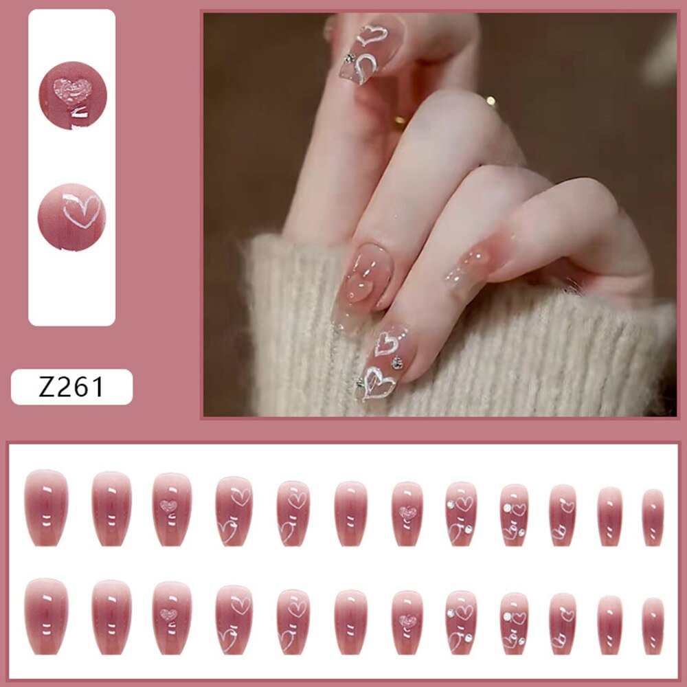 Agreedl On Acrylic Nails 24PCS Medium Coffin Nails Rhinestones Design Sweet Style For Girls Full Coverage Free Shipping Items