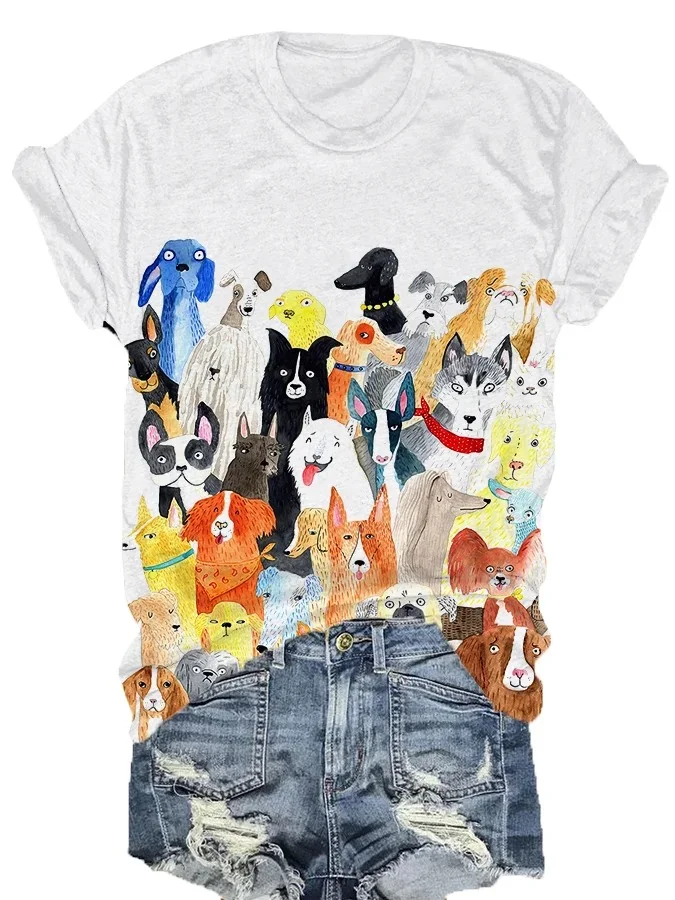 Women's Funny Dog Print Crew Neck T-Shirt
