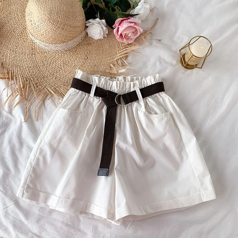 Women Casual High Waist Loose Cotton Short Pants 2022 Summer Elegant Sweet Girls All-Match Wide Leg Shorts With Belt Korean