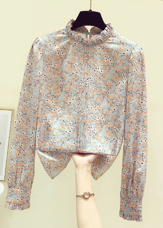 VCSHOES Stand Collarc Ruffled Print Chiffon Shirts Spring