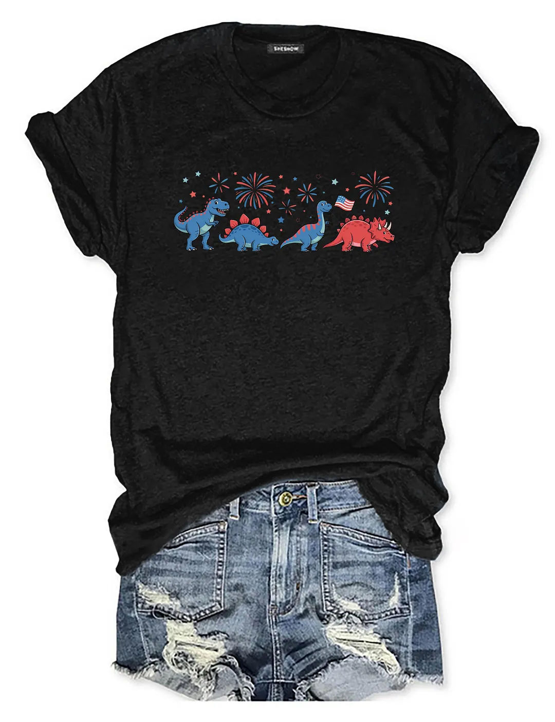 Cute Dinosaur American Flag Fireworks T-shirt