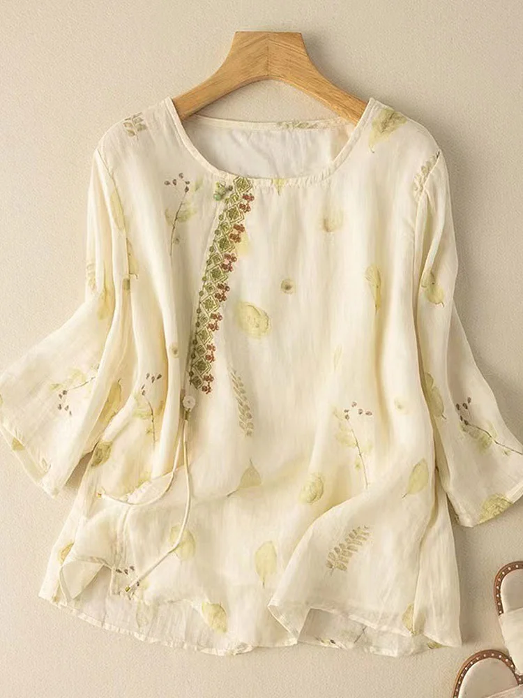 Round Neck Casual Loose Embroidered Three Quarter Sleeve Blouse socialshop