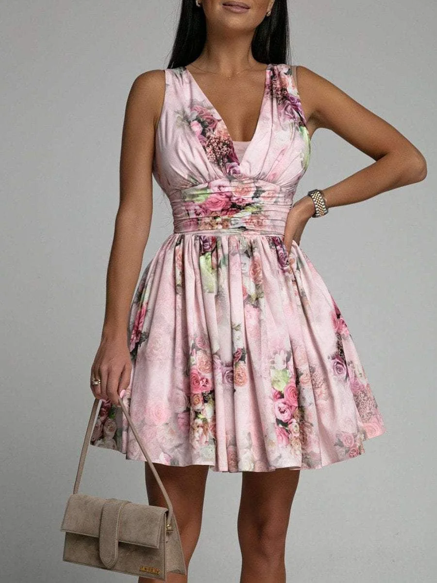 Sexy deep V high waist backless floral dress