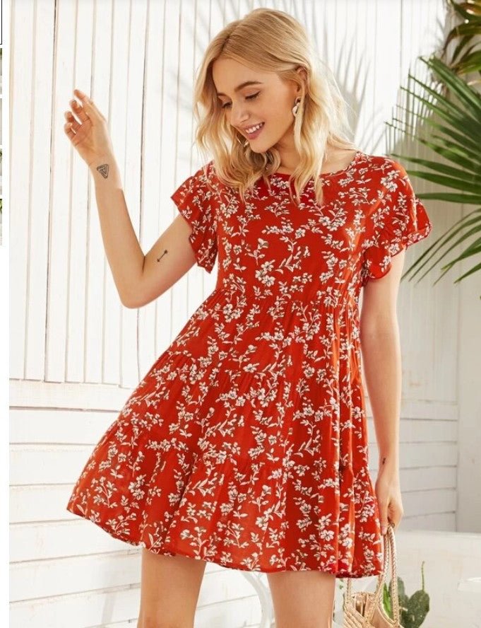 Women's Round Neck Ruffled Floral Irregular Pattern Print Dress