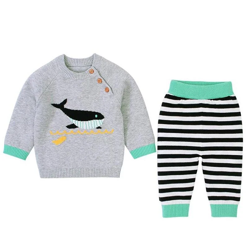 2020 Autumn Winter Baby Boys Girls Long Sleeves Stripe Knit Sweater Suits Kids Clothes Boys Girls Fox Clothing Sets