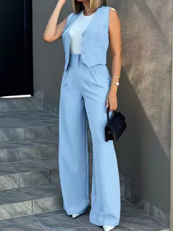 Solid Color Split-Joint Sleeveless Vest Jacket + High Waisted Pleated Suit Pants Trousers Two Pieces Set SKY BLUE-S