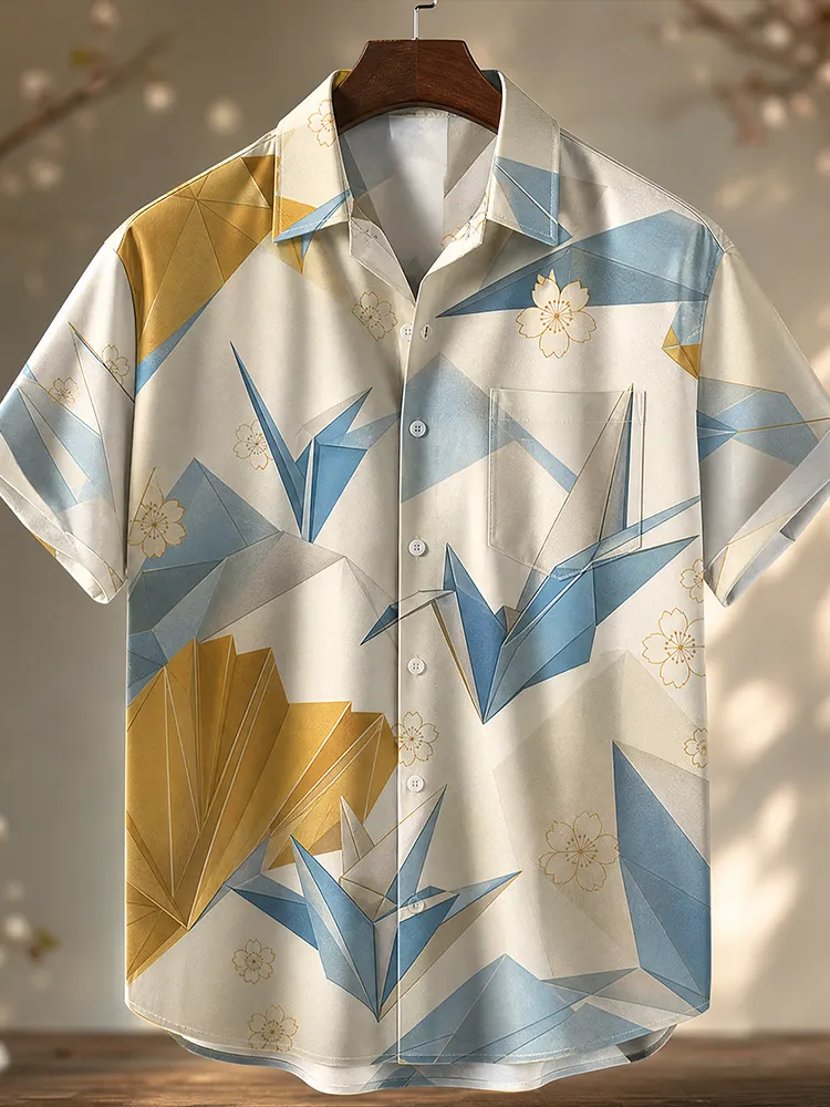 Men's Japanese Style Origami Crane And Floral Print Short Sleeve Button-down Shirt  artssus