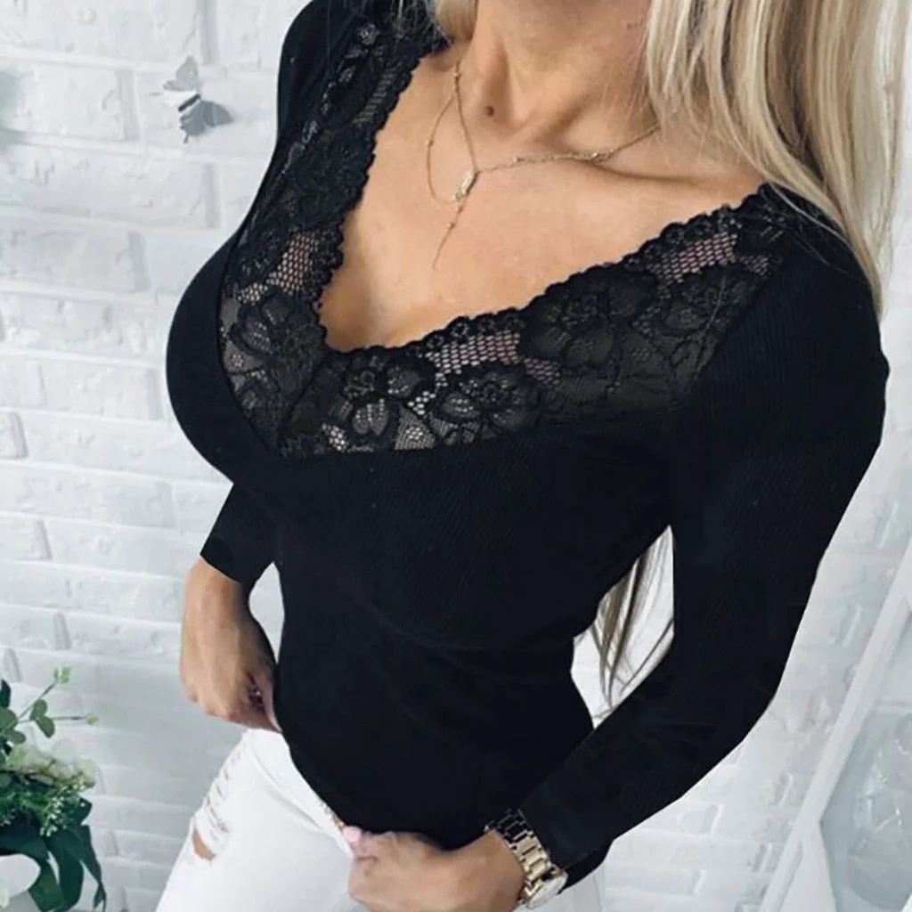Fashion Lace V-Neck Bottom Blouse Casual Autumn Winter Ladies Solid Tunic Tops Female Women Long Sleeve Shirt Blusas Pullover
