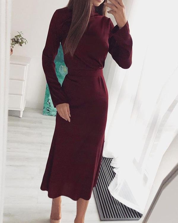 High-neck Solid Color Long-sleeved Dress - Chicaggo