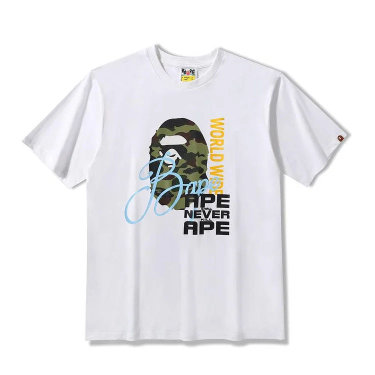 Shark Print T Shirt Summer Camouflage Ape Head Contrast Color Letter Print Short-Sleeve T-shirt