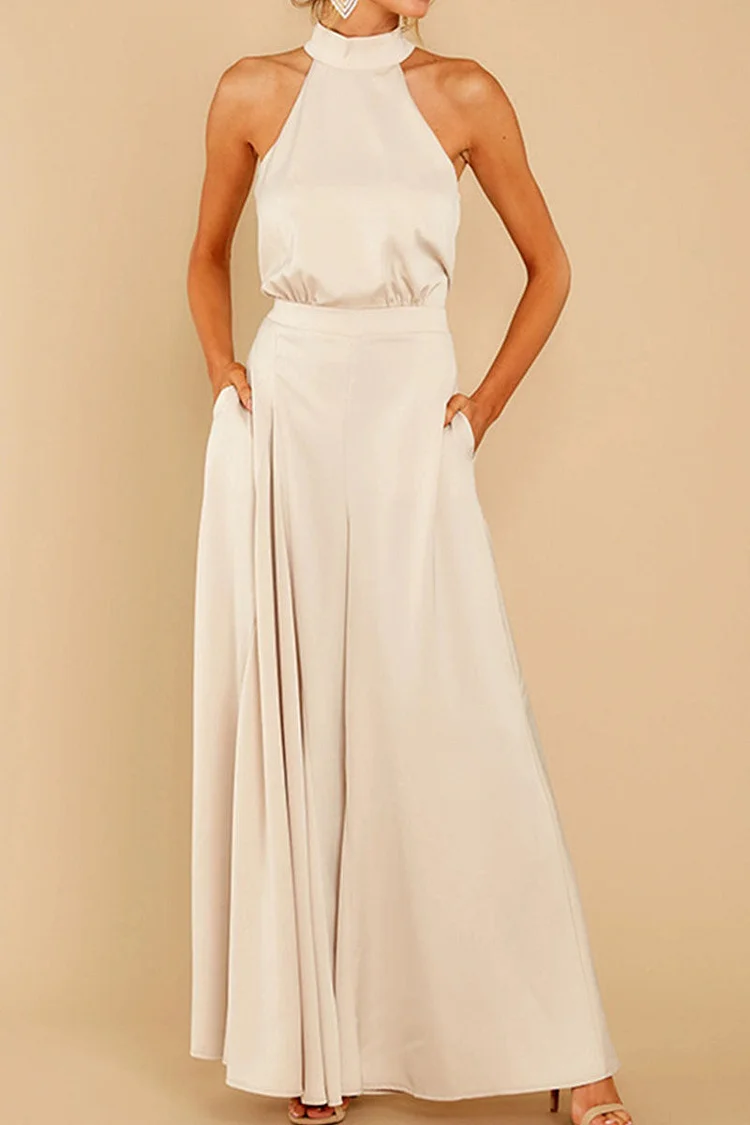 Fashion Casual Solid Patchwork Halter Loose Jumpsuits