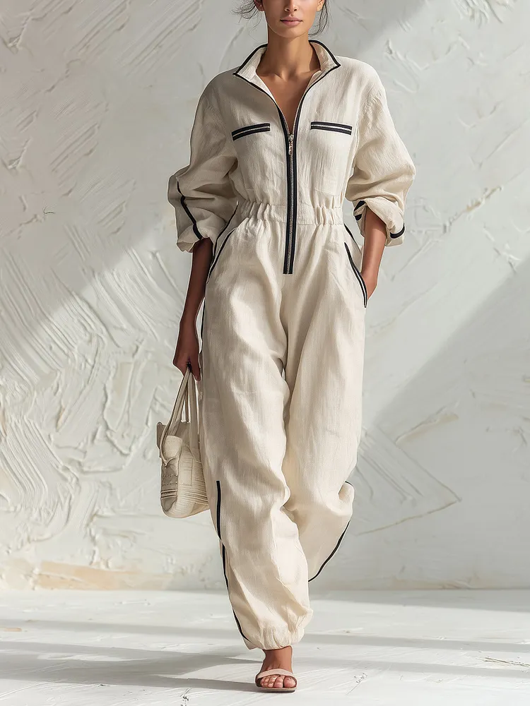 Women&rsquo;s Oversized Linen Utility Jumpsuit Stand Collar Long Sleeve Drawstring Cuff Lounge Romper With Pockets