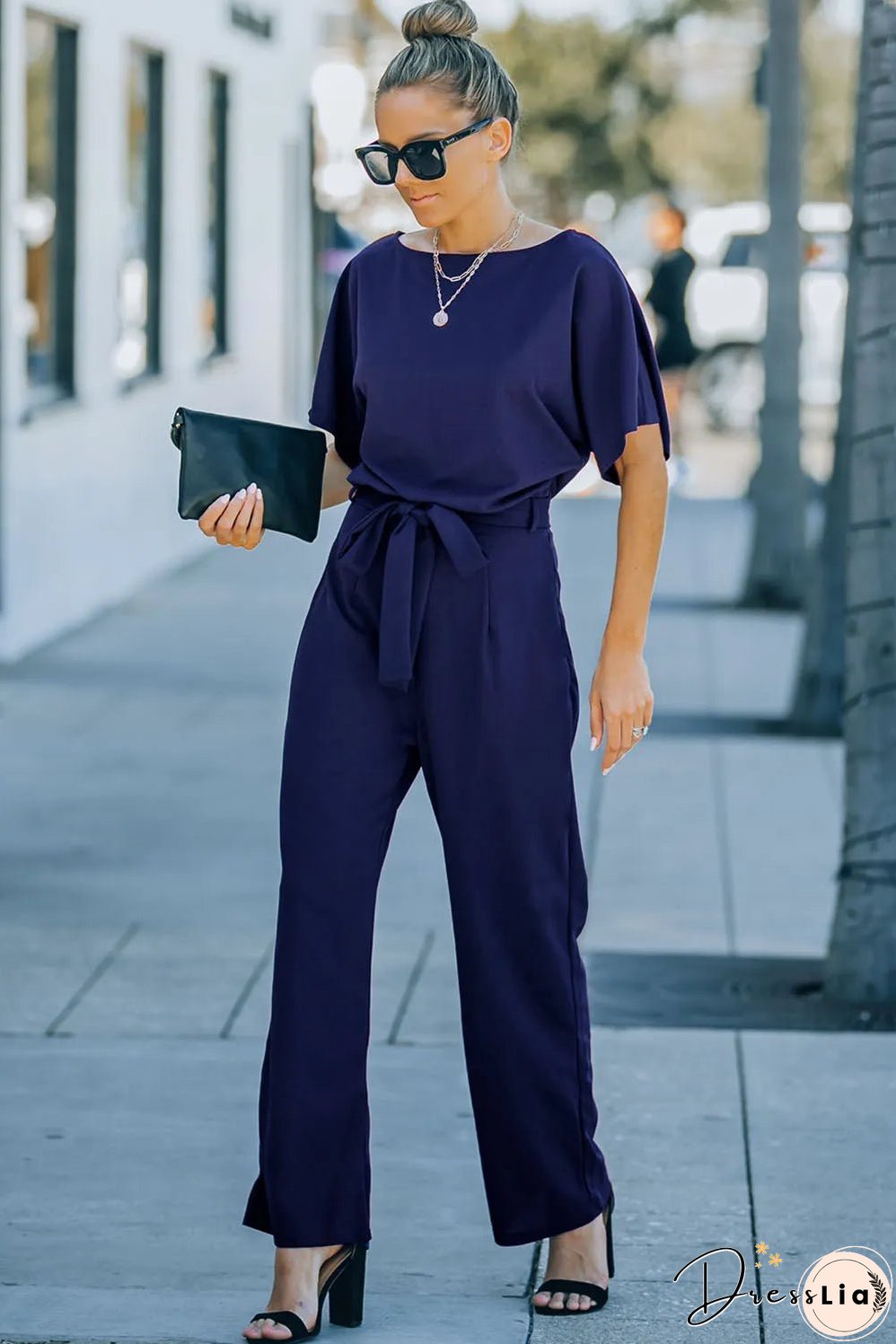 Blue Belted Wide Leg Jumpsuit