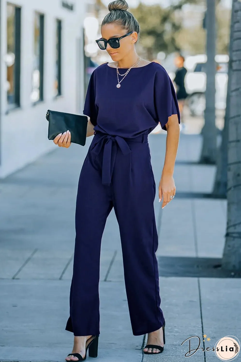 Blue Belted Wide Leg Jumpsuit
