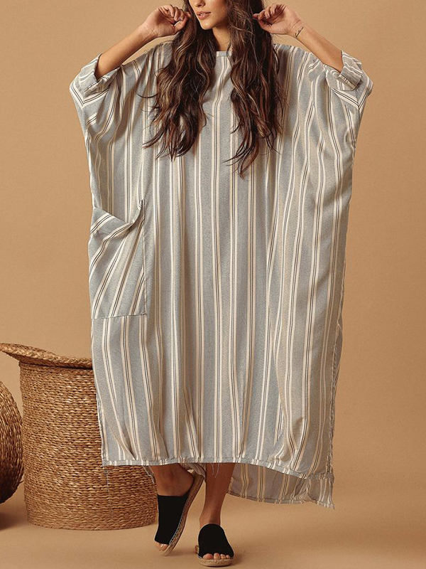 Oversize Striped Side Pckets Slit Midi Dress