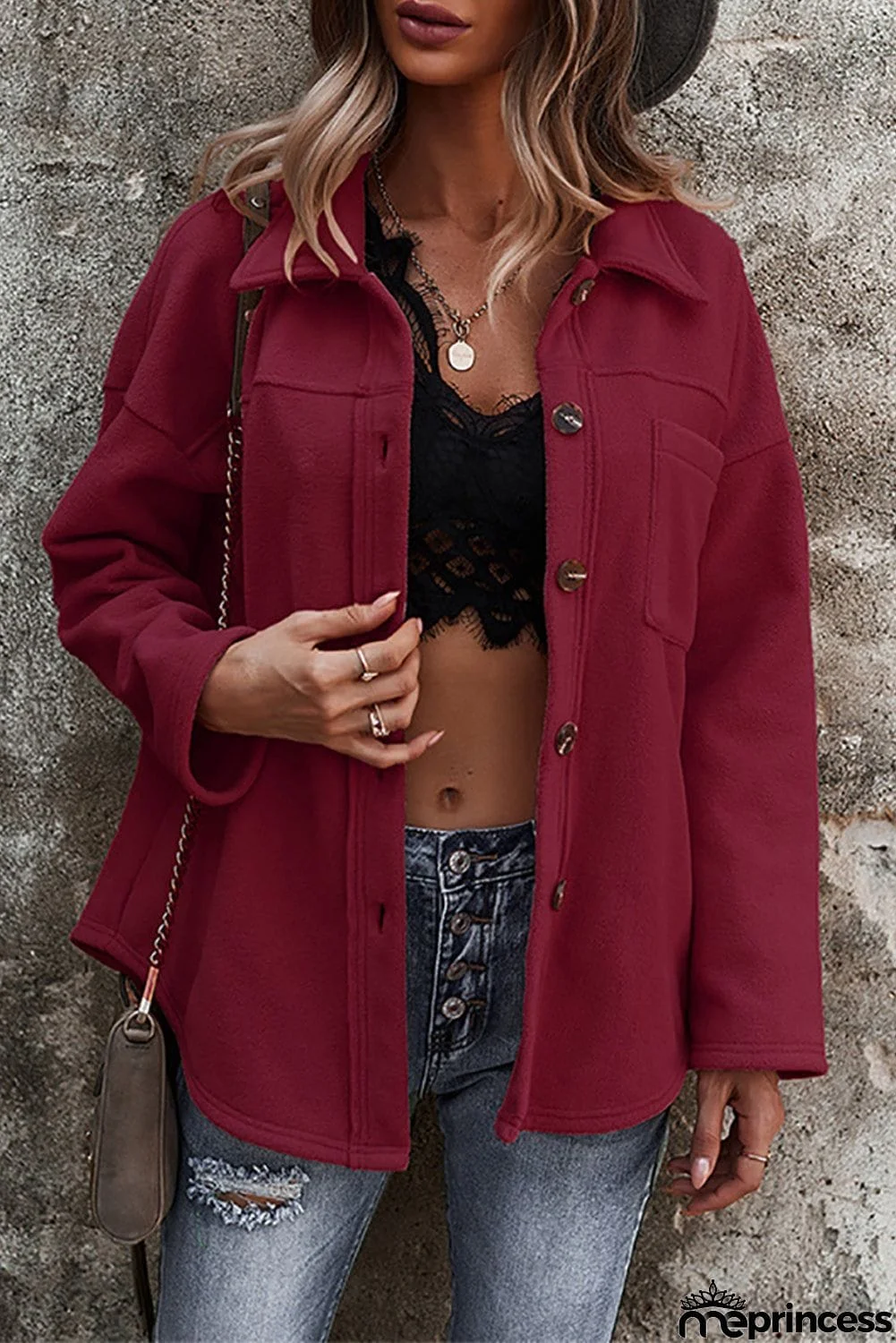Turn Down Collar Pocket Button Closure Warm Coat