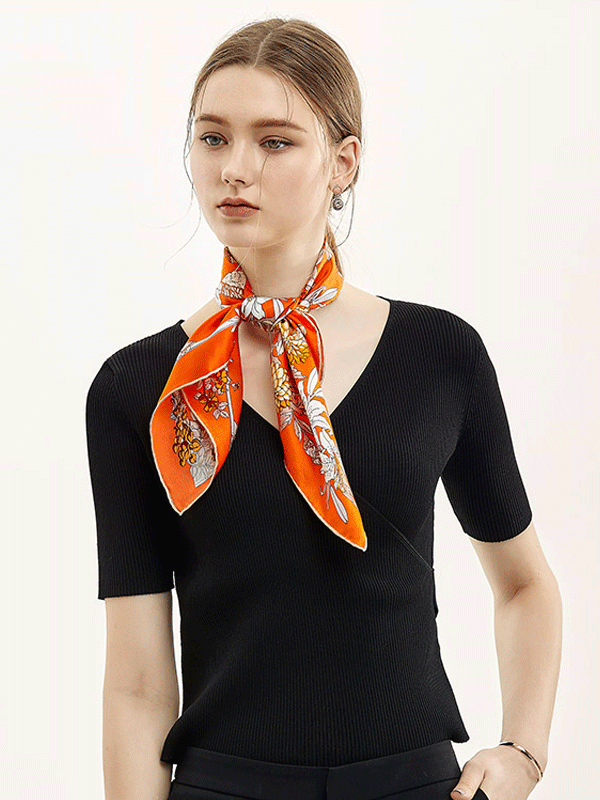 Orange Printed Silk Scarf For Women 1022182091 69*69