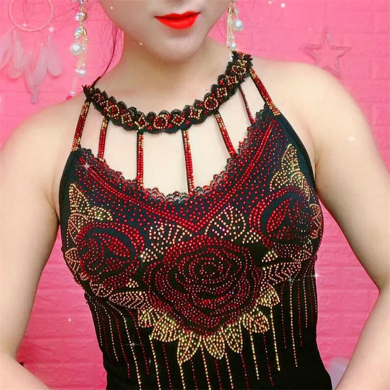 Diamond Camisole Feminine Blouse Rose Flower Tops 2023 Summer Outer Wear Net Red Beauty Back Bottom Shirt Tide Women Sling Top