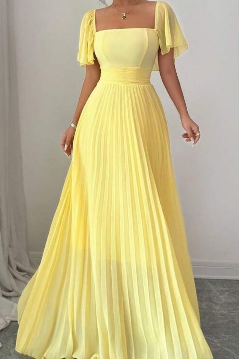 Oknass Stunning Yellow Square Neck Sleeveless Long Prom Dress With Ruffles