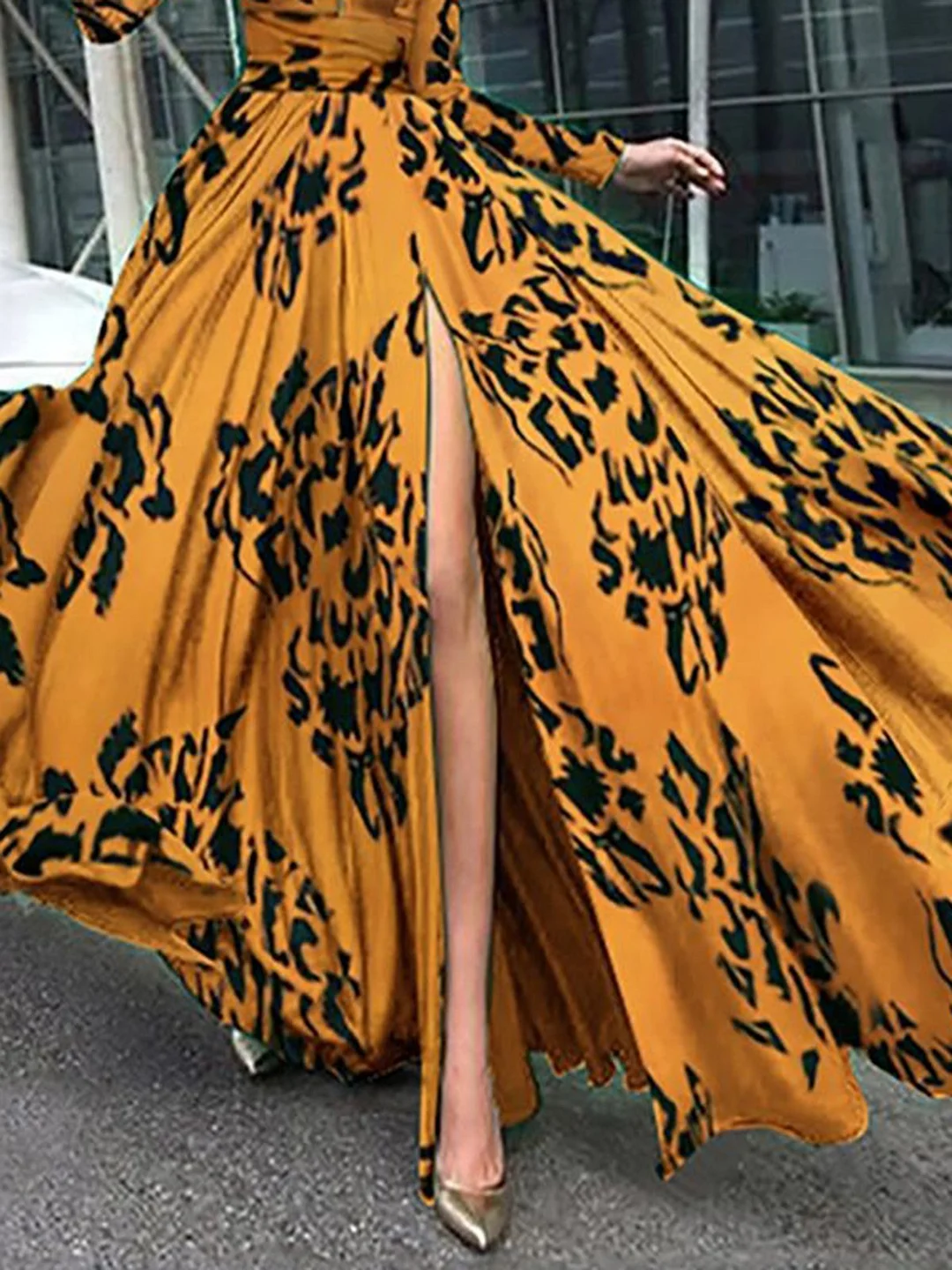 Printed Graphic Slit Prom Elegant Maxi Dress