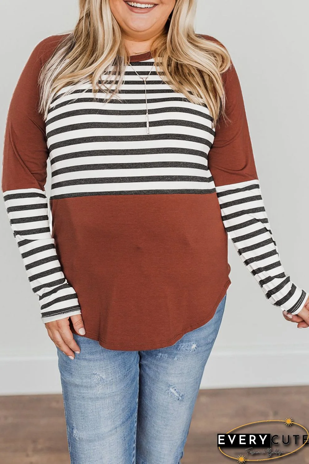 Striped Colorblock Plus Size Long Sleeve Top