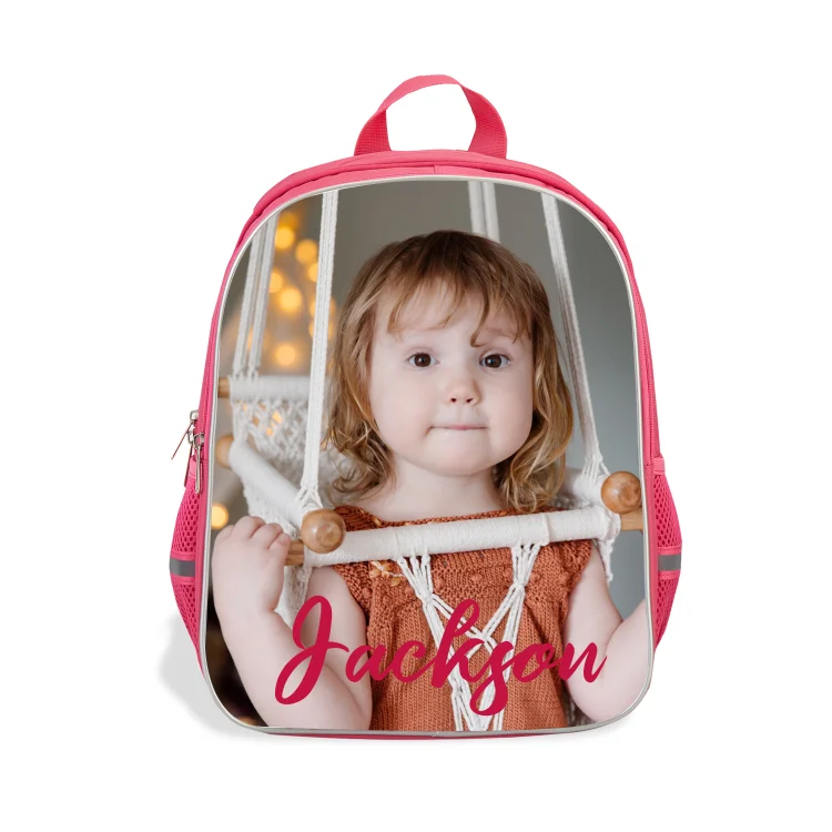 Mochilas-mochila escolar para los niños con un dibujo pintoresco con nombre personalizado con una foto que quiera