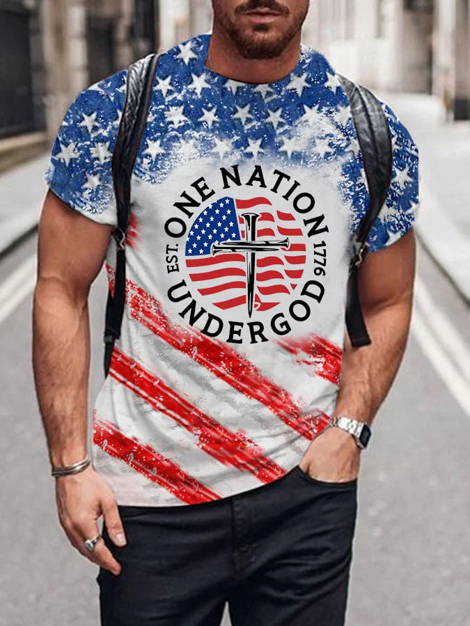 Men's Independence Day One Nation Under God 4th Of July Print T-Shirt socialshop