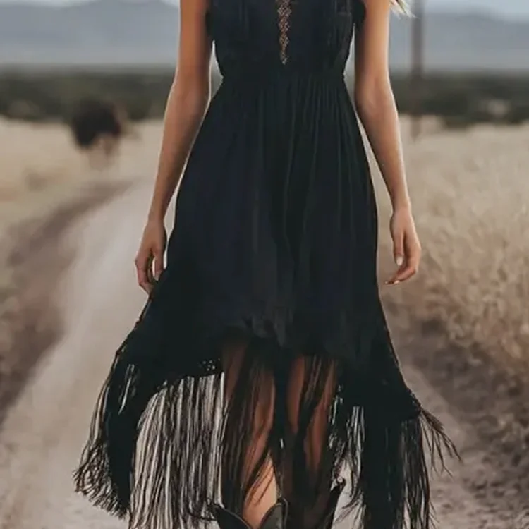 Lace V Neck Sleeveless Fringe Hem Midi Dress