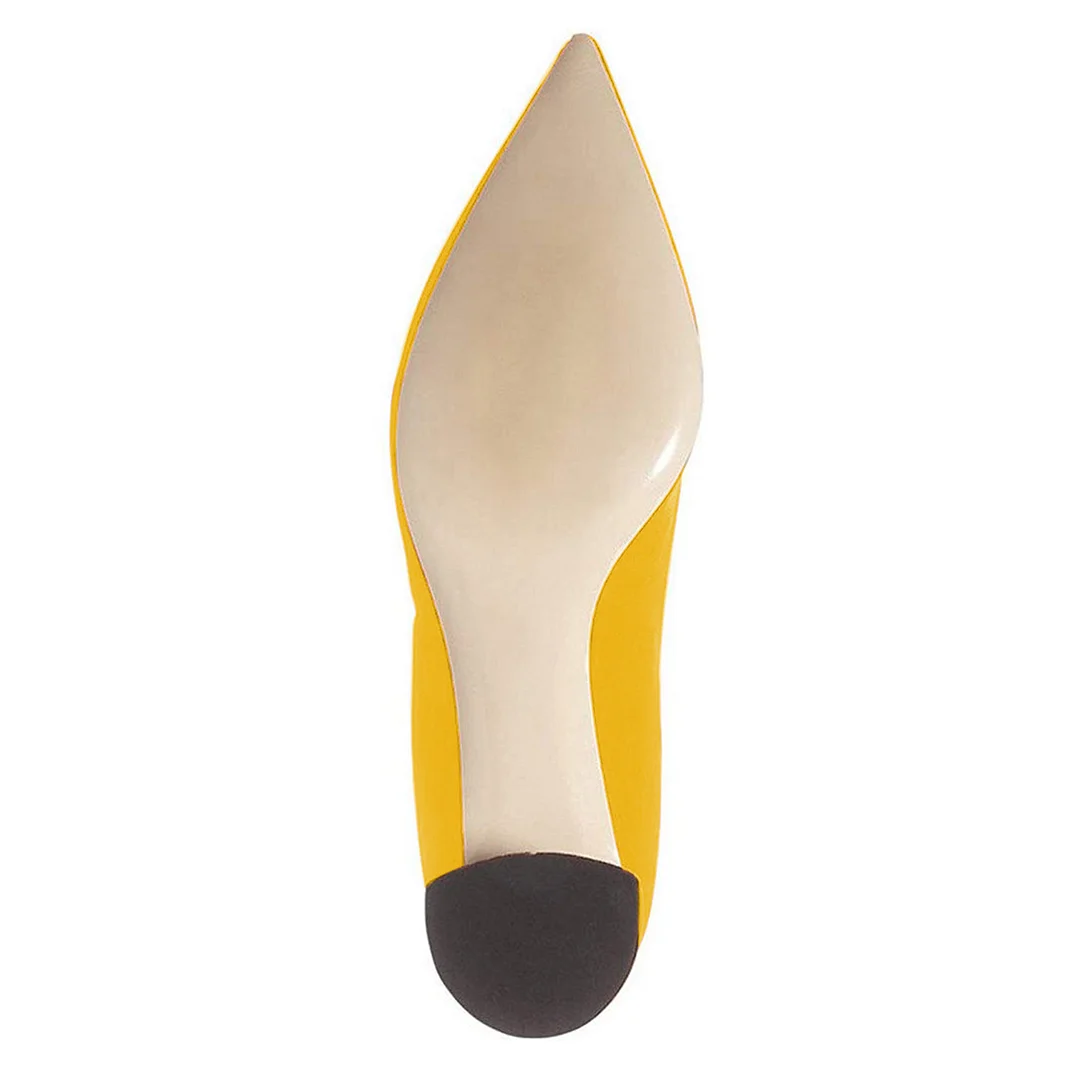 Ladies Pointed Toe Yellow Velvet Comfy Pumps with Chunky Heel