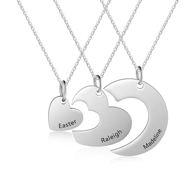 Personalized Heart Matching Necklace Engraved 3 Names Friendship BFF Necklaces for Girls Sisters Family Necklace