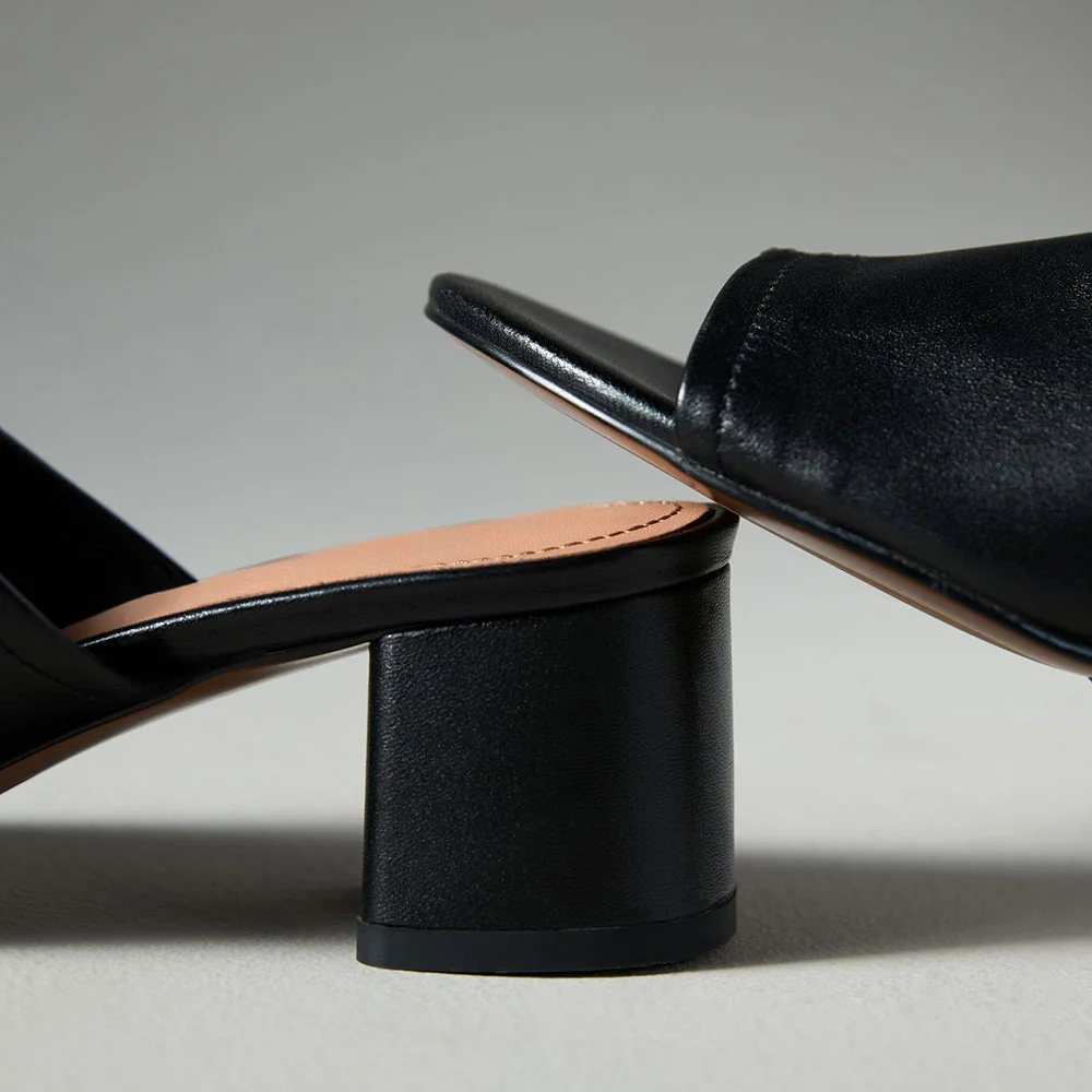 Black Vegan Leather Chunky Heel Open Round Toe Mules for Women