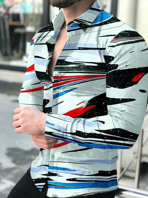 Multicolor fashion geometric contrast stitching long-sleeved shirt