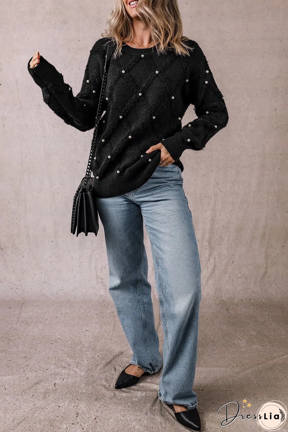 Black Pearl Embellished Rhombus Pattern Sweater