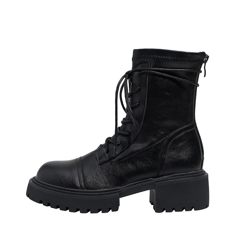 Yengm Leather Platform Boots Women 2022 Autumn Black Fashion Motorcycle Boots Non Slip Female Shoes Booties Chunky Boots
