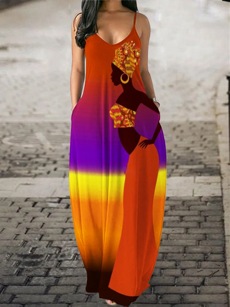 Traditional African Woman Art Gradient Cami Maxi Dress