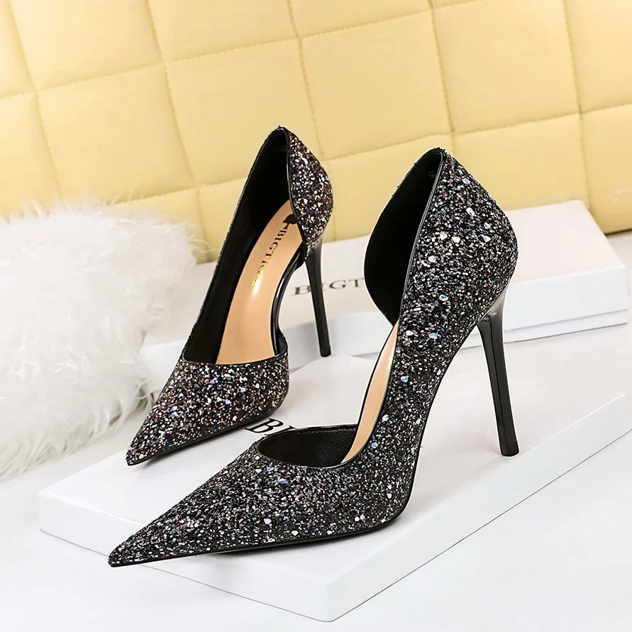 Colourp Colourp Sexy Banquet High Heels Fine Heel Super High Heel Shallow Mouth Pointed Side Hollow Out Shining Sequined Single Shoes