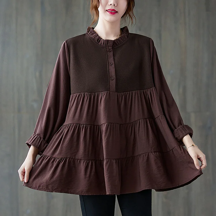 Retro Pleated Stand Collar Long Sleeve Shirt