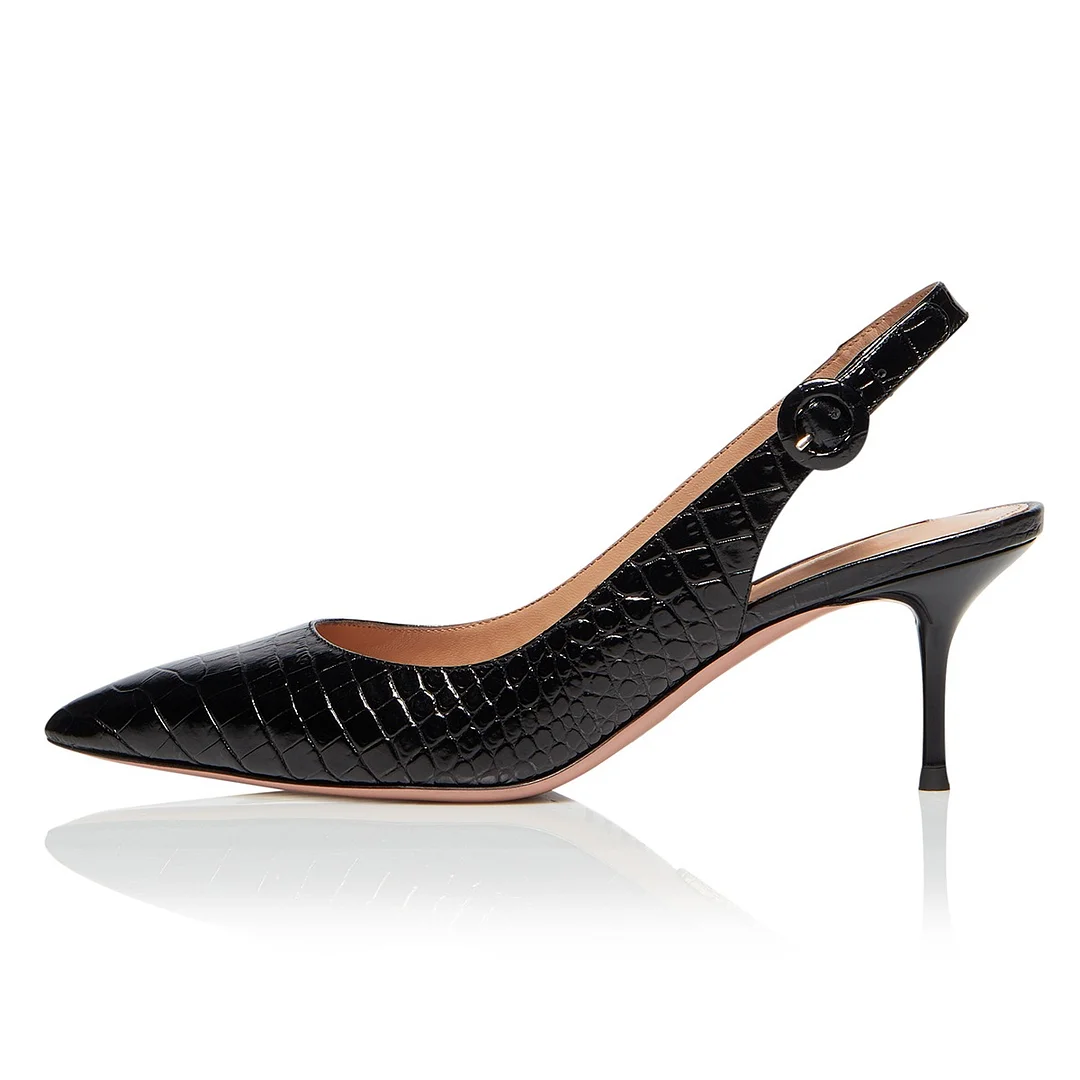 Black Faux Leather Stiletto Heel Slingback Croc Embossed Pumps Shoes